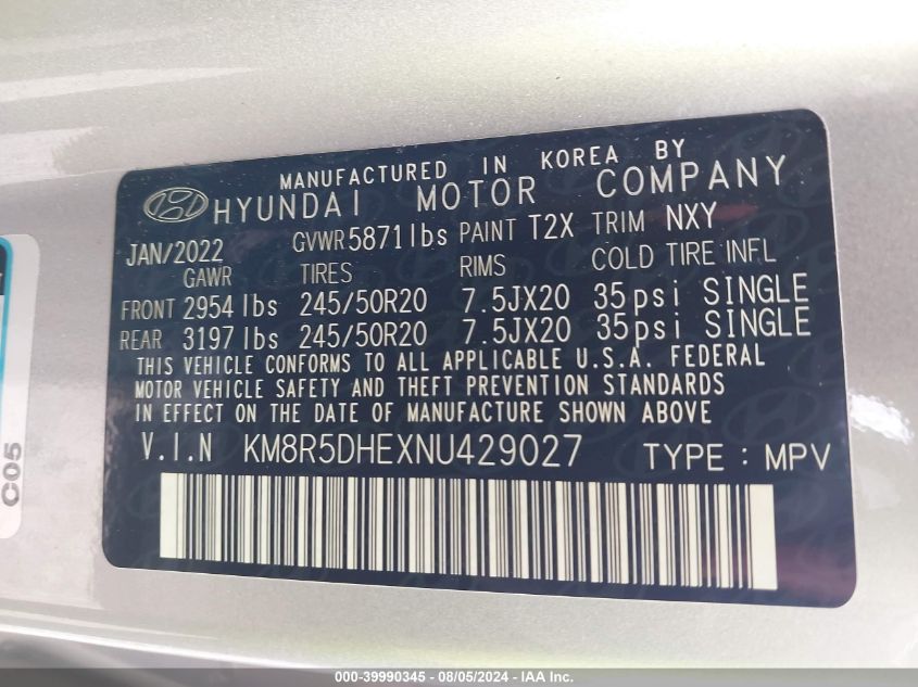 2022 Hyundai Palisade Limited VIN: KM8R5DHEXNU429027 Lot: 39990345