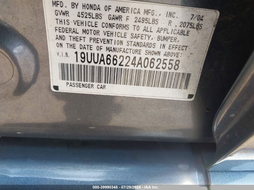 2004 Acura Tl VIN: 19UUA66224A062558 Lot: 39990348