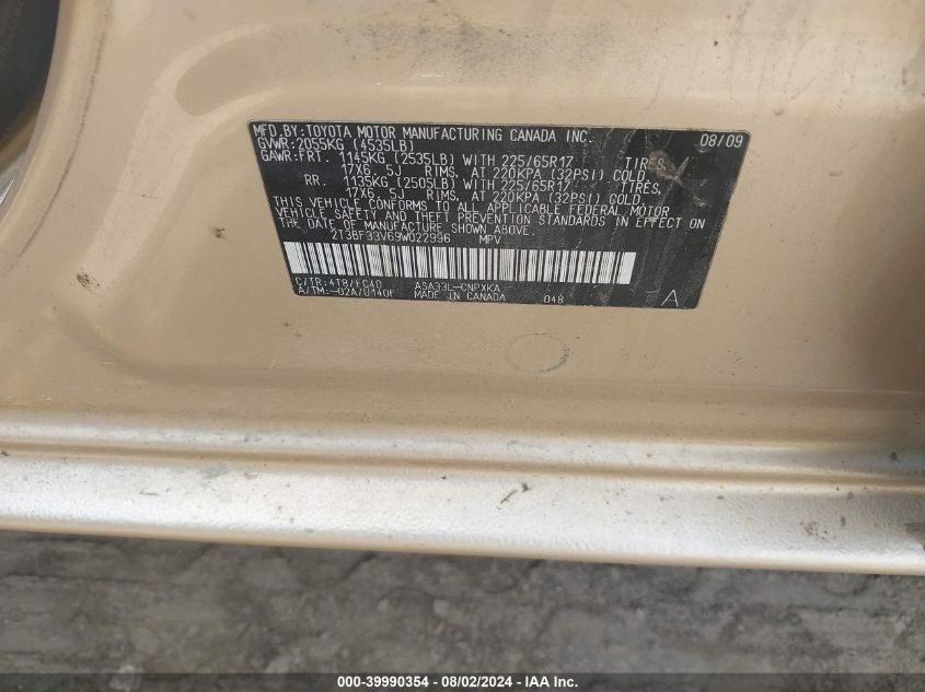 2009 Toyota Rav4 VIN: 2T3BF33V69W022996 Lot: 39990354