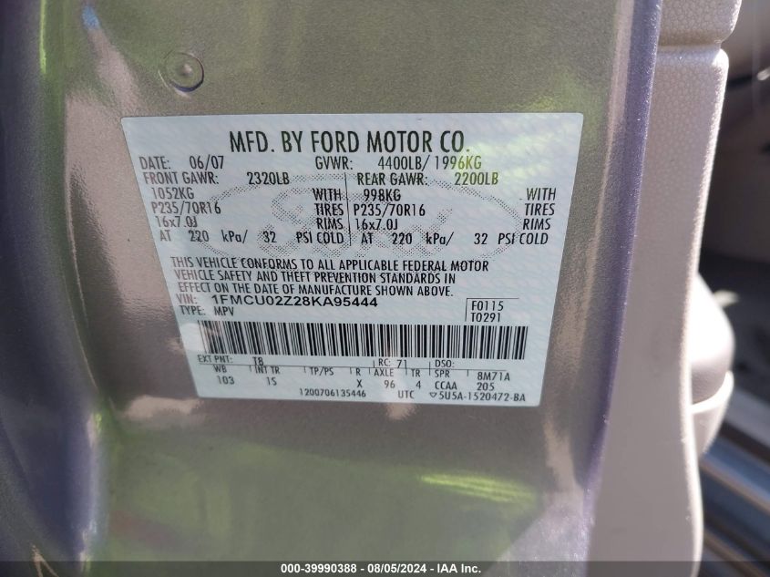 2008 Ford Escape Xls/Xls Manual VIN: 1FMCU02Z28KA95444 Lot: 39990388