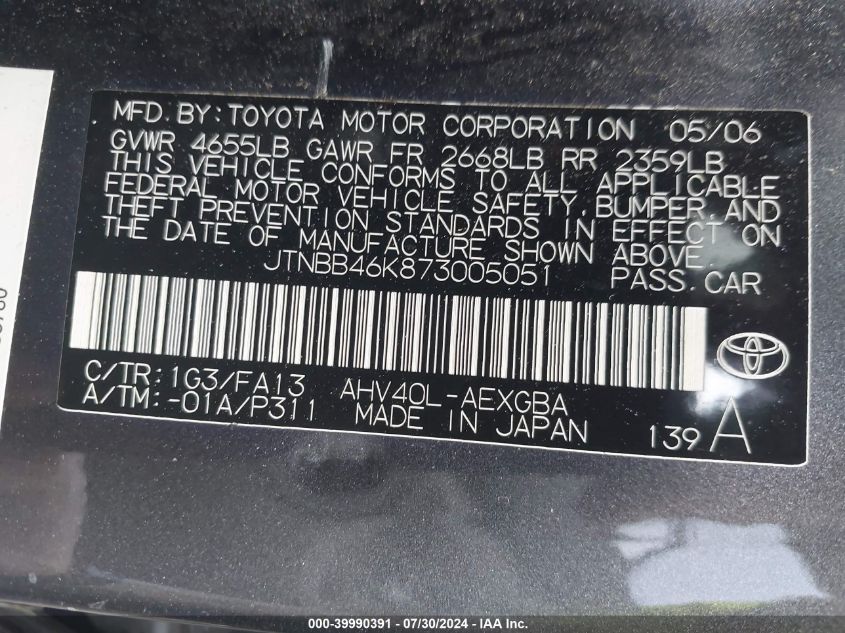 2007 Toyota Camry Hybrid VIN: JTNBB46K873005051 Lot: 39990391