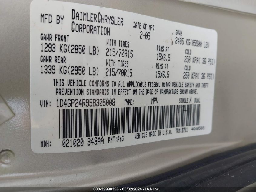 2005 Dodge Grand Caravan Se VIN: 1D4GP24R95B305008 Lot: 39990396