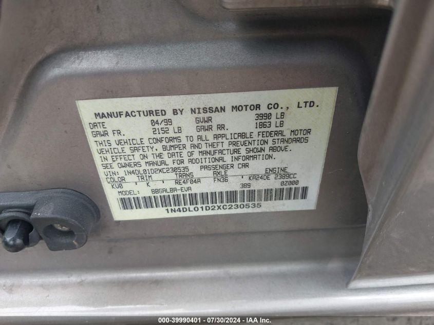 1N4DL01D2XC230535 1999 Nissan Altima Gle/Gxe/Se/Se-L/Xe