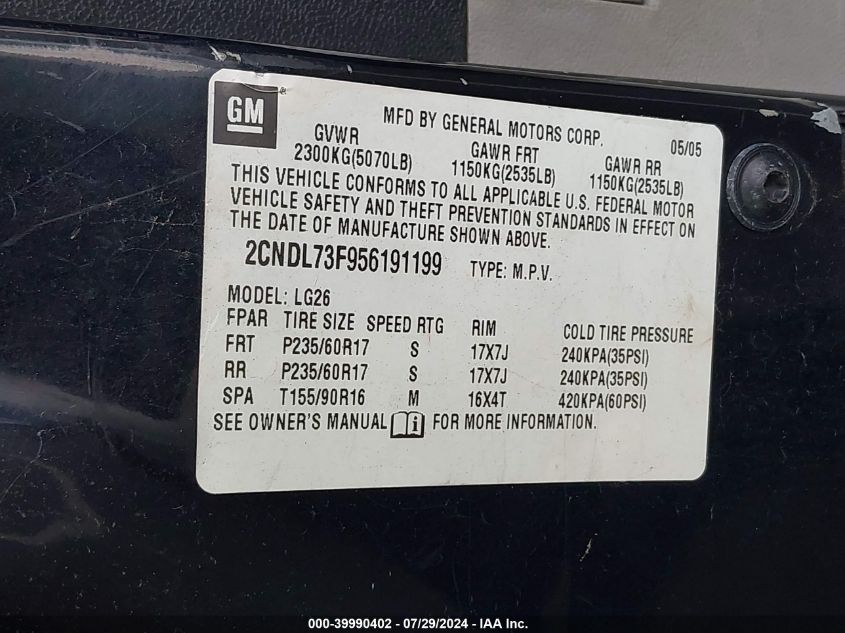 2005 Chevrolet Equinox Lt VIN: 2CNDL73F956191199 Lot: 39990402