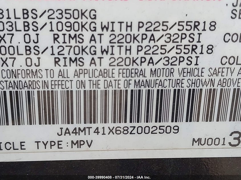 2008 Mitsubishi Outlander Xls VIN: JA4MT41X68Z002509 Lot: 39990408