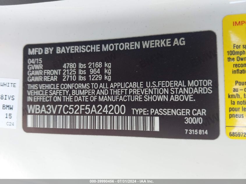 2015 BMW 428I VIN: WBA3V7C52F5A24200 Lot: 39990456