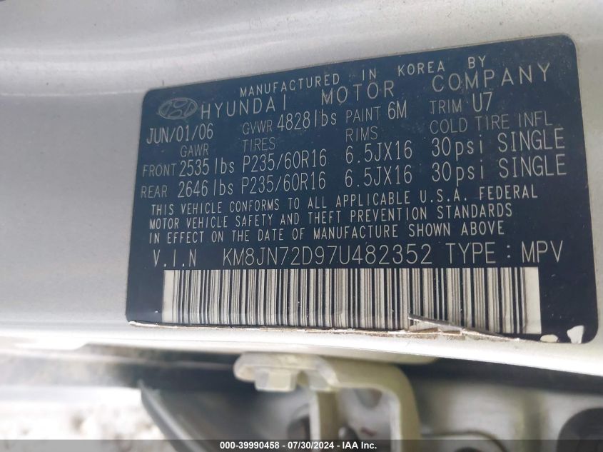 2007 Hyundai Tucson Limited/Se VIN: KM8JN72D97U482352 Lot: 39990458