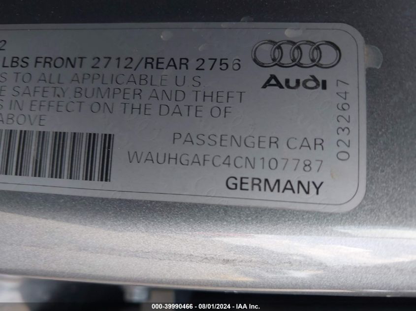 2012 Audi A6 3.0 Premium VIN: WAUHGAFC4CN107787 Lot: 39990466