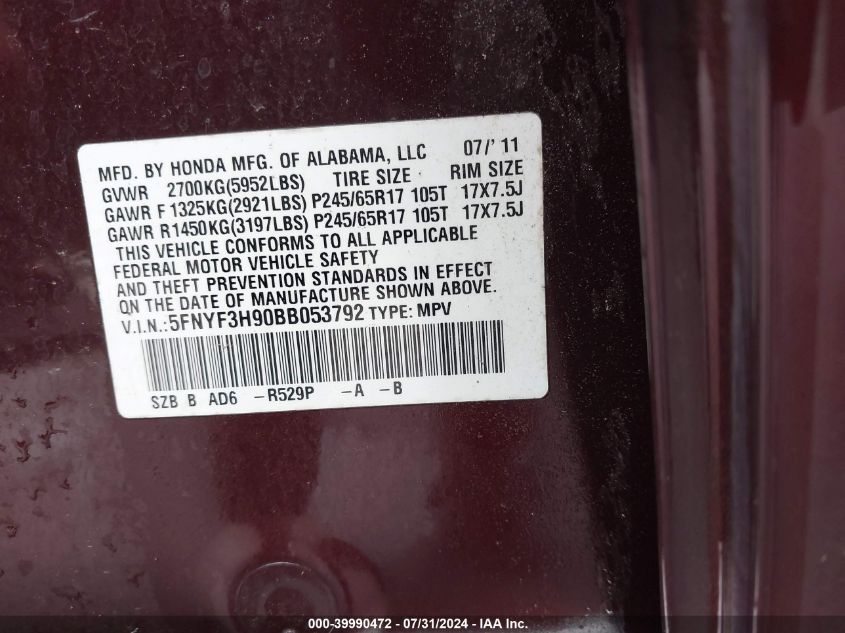 2011 Honda Pilot Touring VIN: 5FNYF3H90BB053792 Lot: 39990472