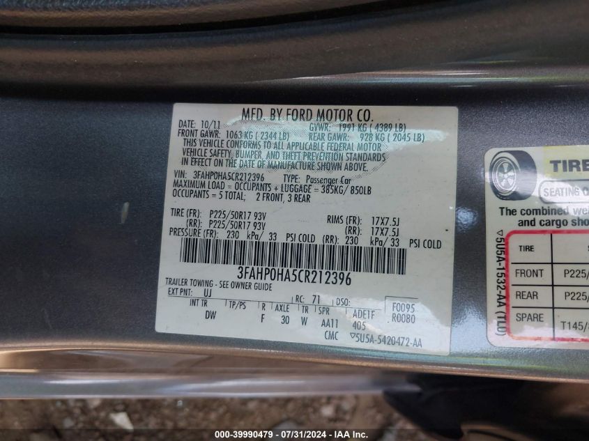 2012 Ford Fusion Se VIN: 3FAHP0HA5CR212396 Lot: 39990479