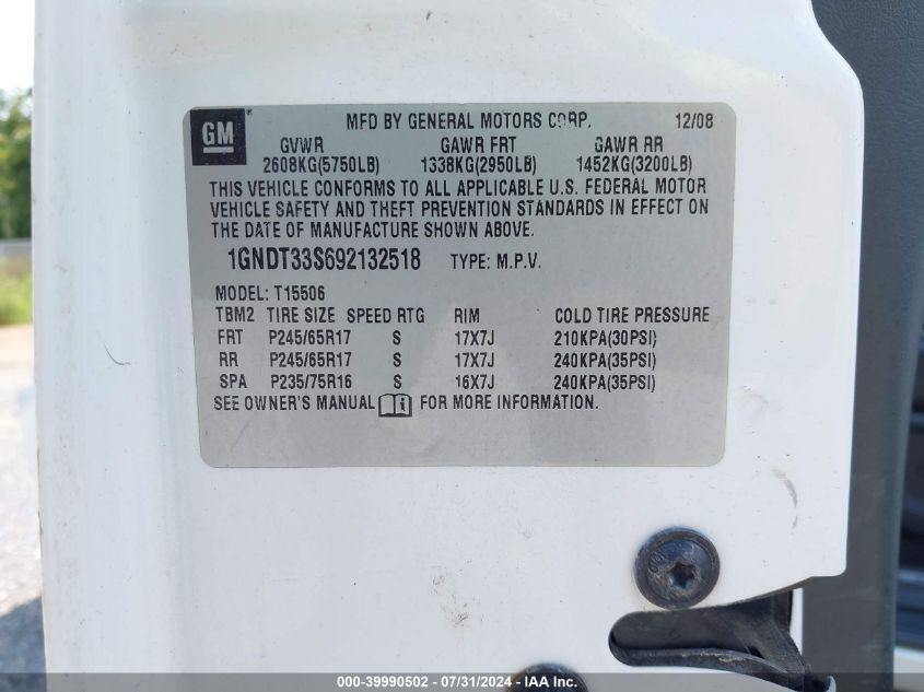 2009 Chevrolet Trailblazer Lt VIN: 1GNDT33S692132518 Lot: 39990502