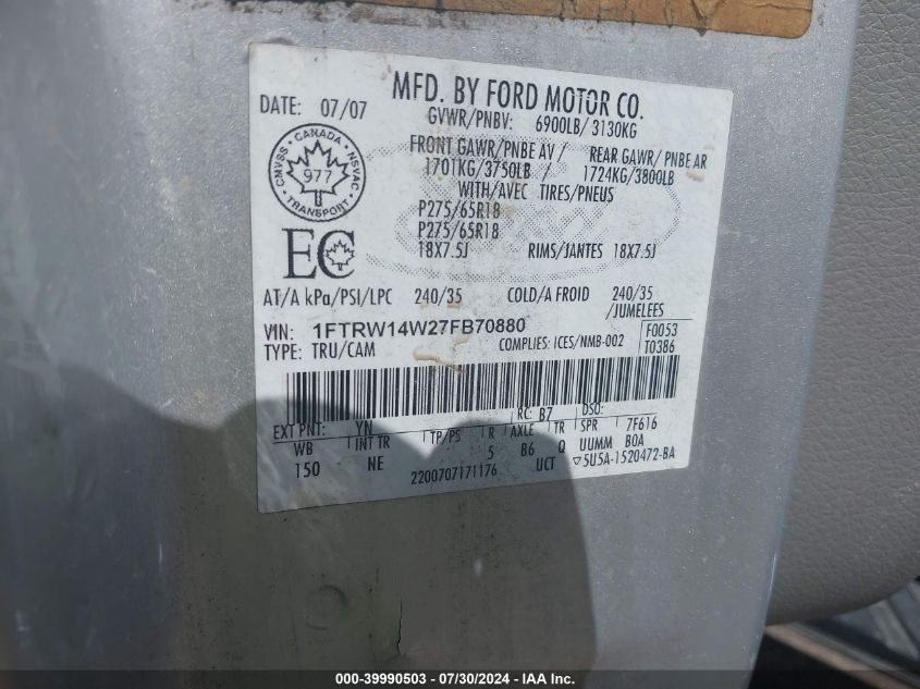 2007 Ford F-150 Xlt VIN: 1FTRW14W27FB70880 Lot: 39990503