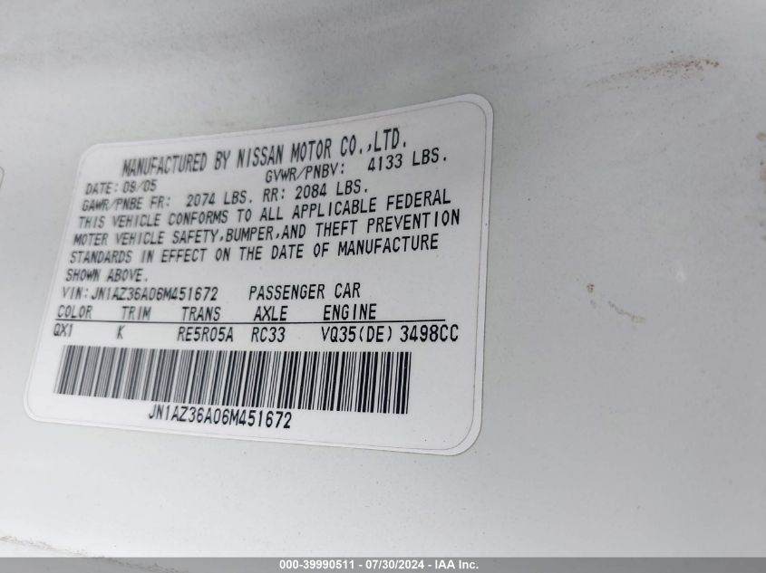2006 Nissan 350Z Roadster VIN: JN1AZ36A06M451672 Lot: 39990511