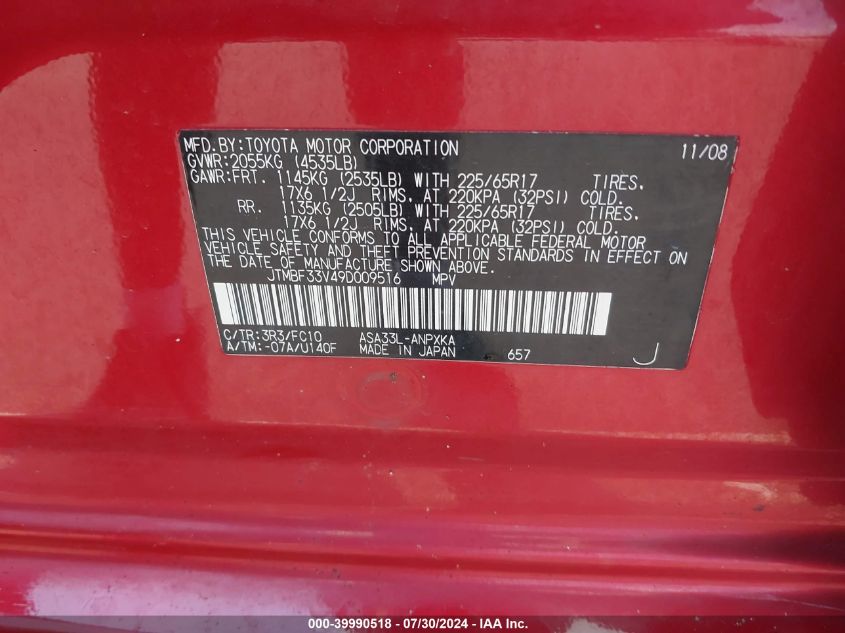 2009 Toyota Rav4 VIN: JTMBF33V49D009516 Lot: 39990518