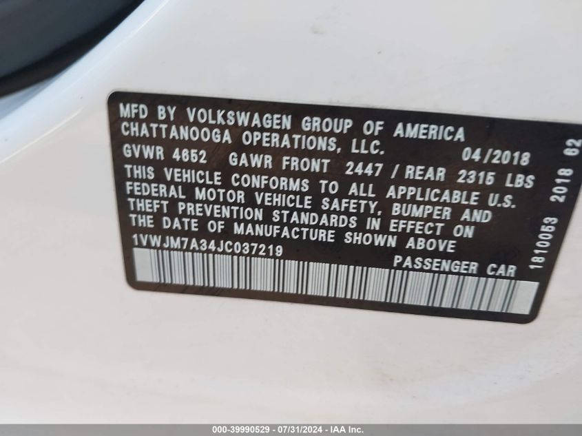 2018 Volkswagen Passat 3.6L V6 Gt VIN: 1VWJM7A34JC037219 Lot: 39990529