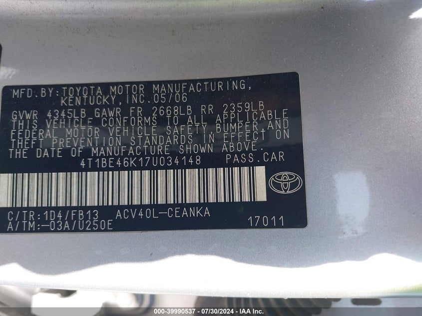 2007 Toyota Camry Le VIN: 4T1BE46K17U034148 Lot: 39990537