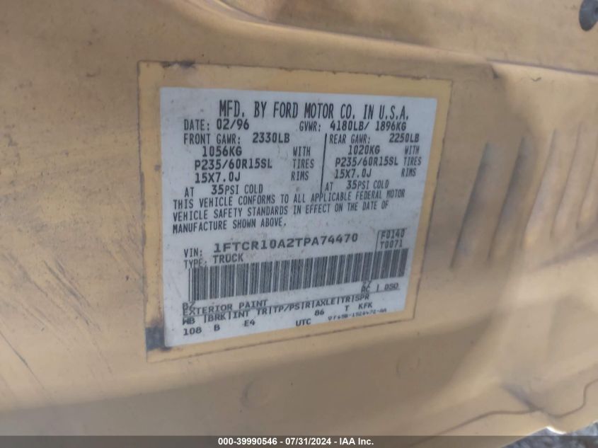 1996 Ford Ranger VIN: 1FTCR10A2TPA74470 Lot: 39990546