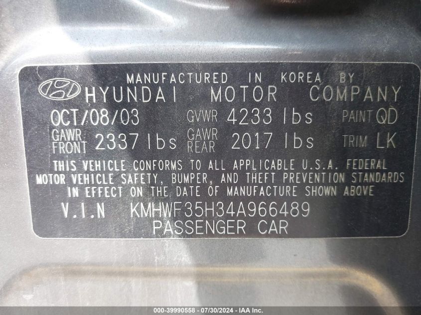 KMHWF35H34A966489 2004 Hyundai Sonata Gls/Lx