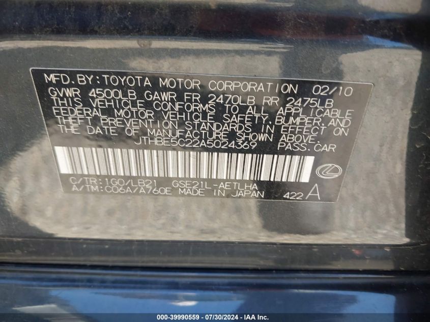2010 Lexus Is 350 VIN: JTHBE5C22A5024369 Lot: 39990559