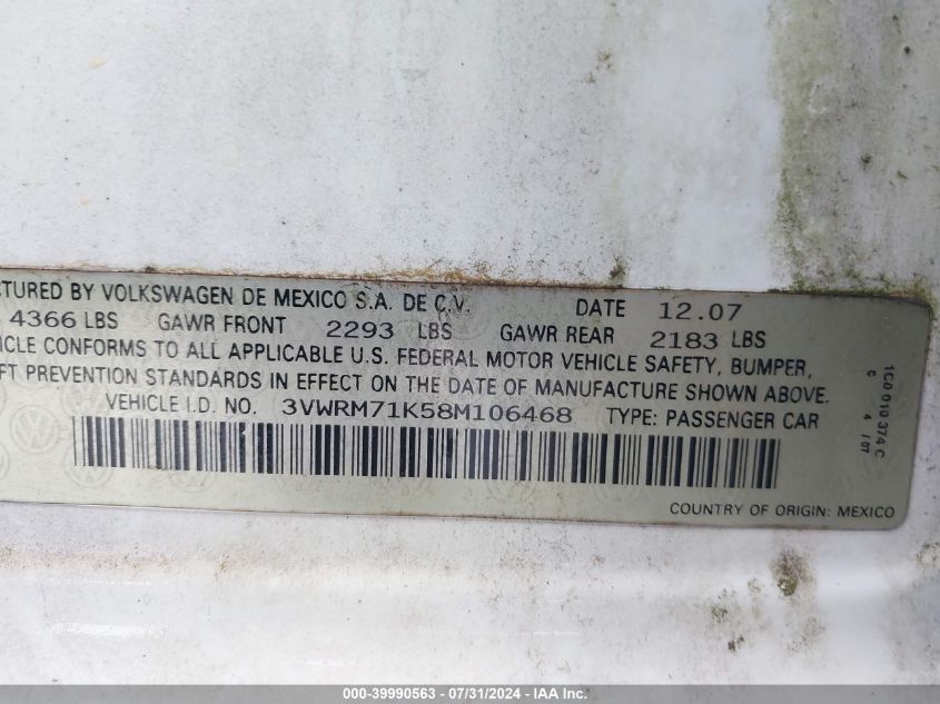 2008 Volkswagen Jetta Se VIN: 3VWRM71K58M106468 Lot: 39990563