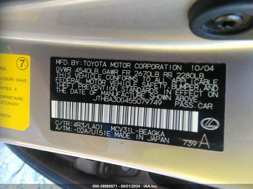 2005 Lexus Es 330 VIN: JTHBA30G455079749 Lot: 39990571