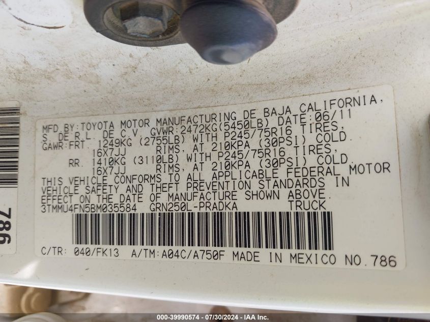 2011 Toyota Tacoma Base V6 VIN: 3TMMU4FN5BM035584 Lot: 39990574