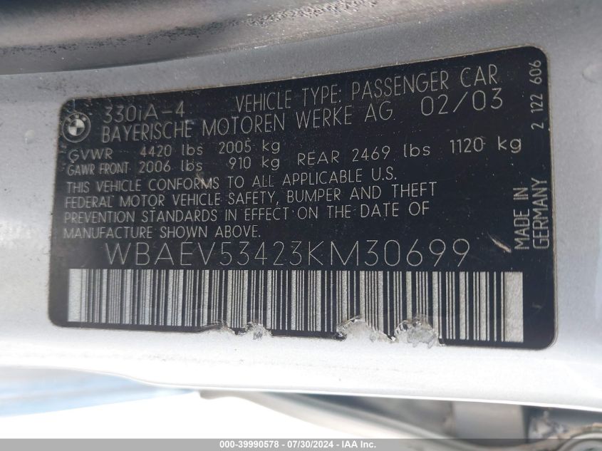 2003 BMW 330I VIN: WBAEV53423KM30699 Lot: 39990578