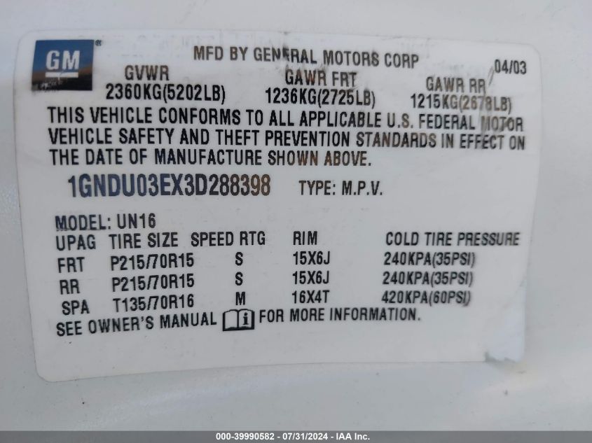 2003 Chevrolet Venture VIN: 1GNDU03EX3D288398 Lot: 39990582