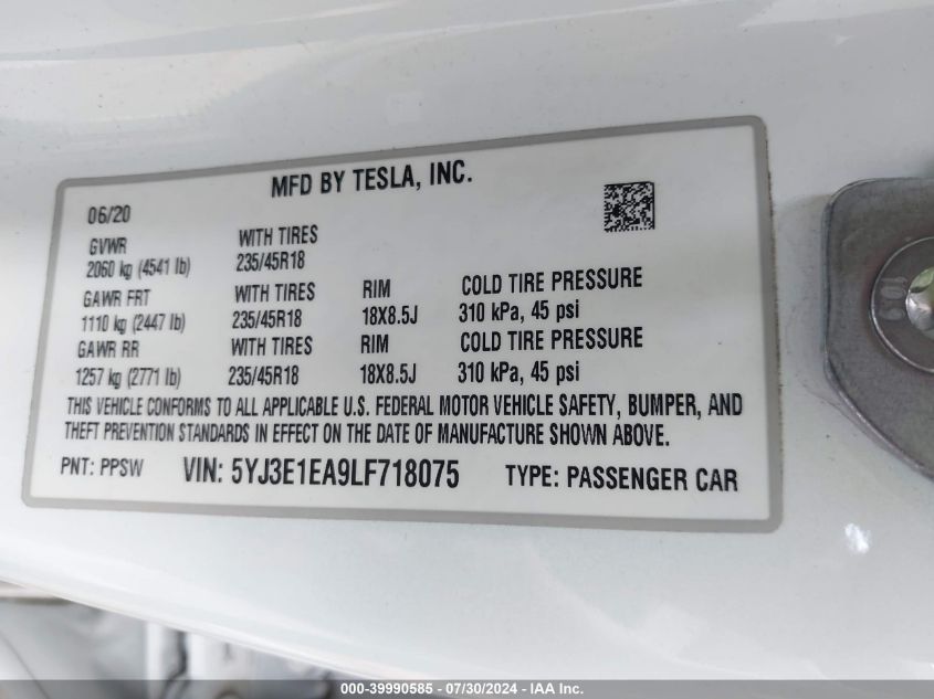 2020 Tesla Model 3 Standard Range Plus Rear-Wheel Drive/Standard Range Rear-Wheel Drive VIN: 5YJ3E1EA9LF718075 Lot: 39990585