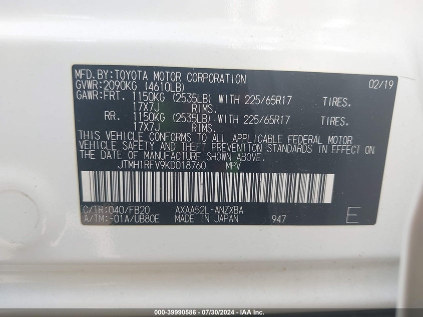 2019 TOYOTA RAV4 LE - JTMH1RFV9KD018760