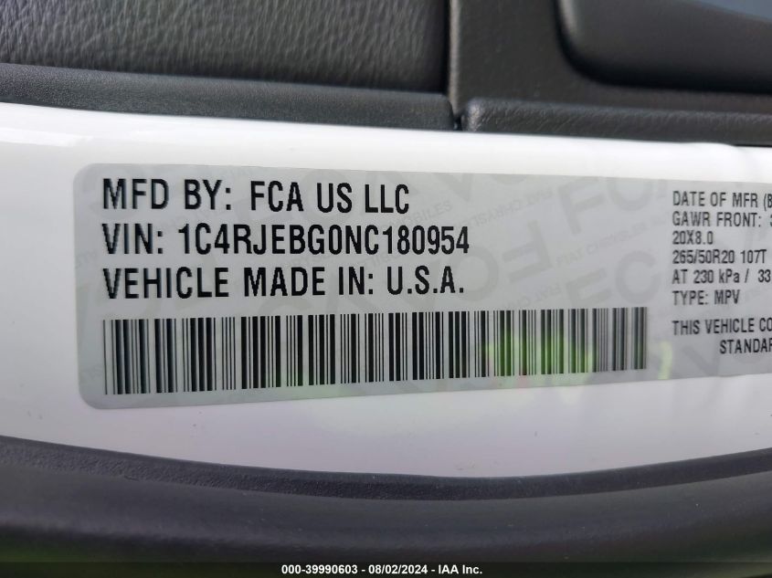 2022 Jeep Grand Cherokee Wk Limited 4X2 VIN: 1C4RJEBG0NC180954 Lot: 39990603