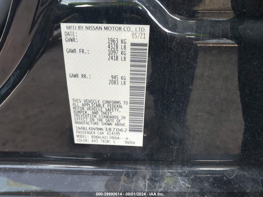 2021 Nissan Altima Sv VIN: 1N4BL4DV9MN387062 Lot: 39990614