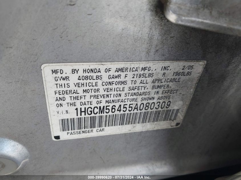 2005 Honda Accord 2.4 Lx VIN: 1HGCM56455A080309 Lot: 39990620