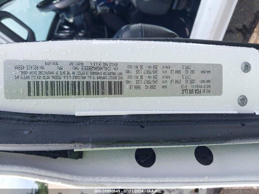 2019 JEEP WRANGLER / VIN: 1C4GJXAG0KW583315