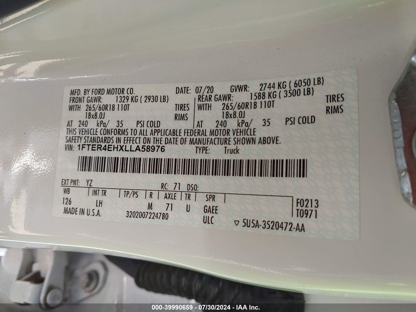 2020 FORD RANGER XL/XLT/LARIAT - 1FTER4EHXLLA58976