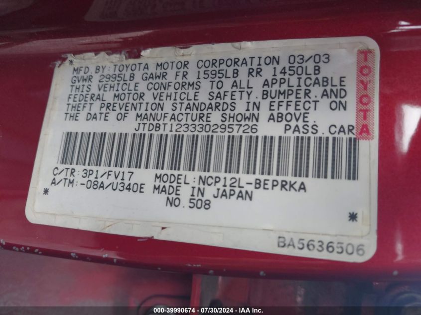 2003 Toyota Echo VIN: JTDBT123330295726 Lot: 39990674