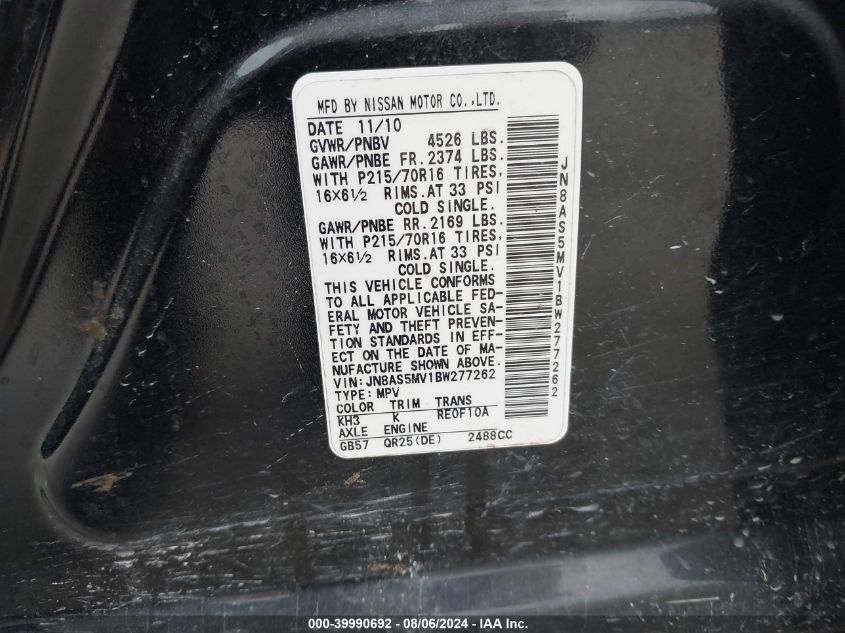 2011 Nissan Rogue S VIN: JN8AS5MV1BW277262 Lot: 39990692