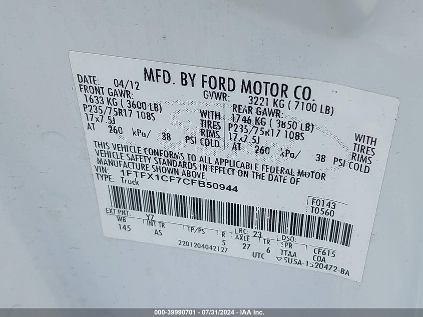 2012 Ford F-150 Xl VIN: 1FTFX1CF7CFB50944 Lot: 39990701