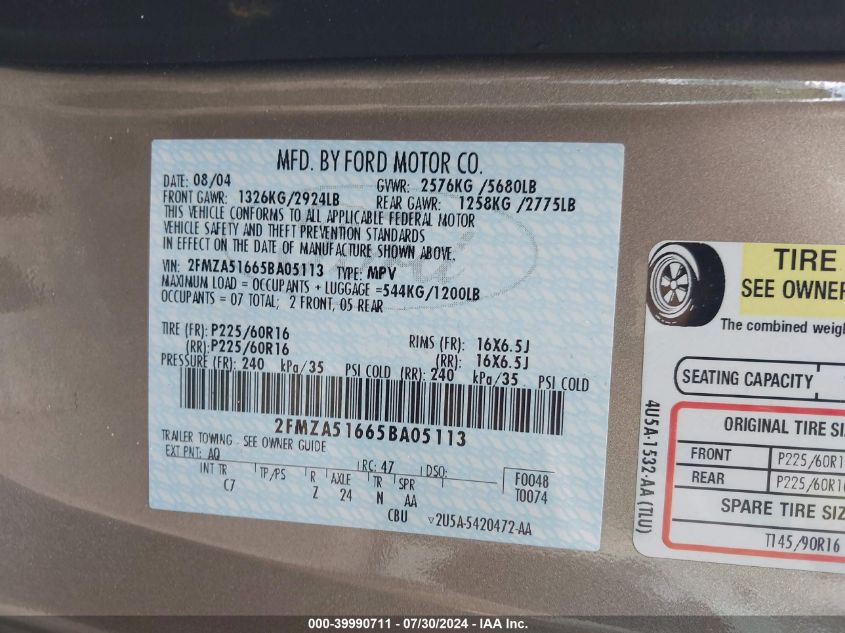 2005 Ford Freestar Se VIN: 2FMZA51665BA05113 Lot: 39990711