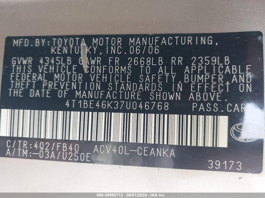 2007 Toyota Camry Ce/Le/Xle/Se VIN: 4T1BE46K37U046788 Lot: 39990712