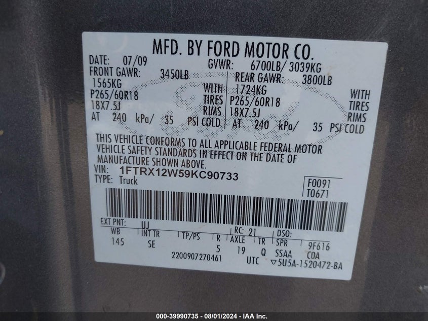 2009 Ford F-150 Stx/Xl VIN: 1FTRX12W59KC90733 Lot: 39990735