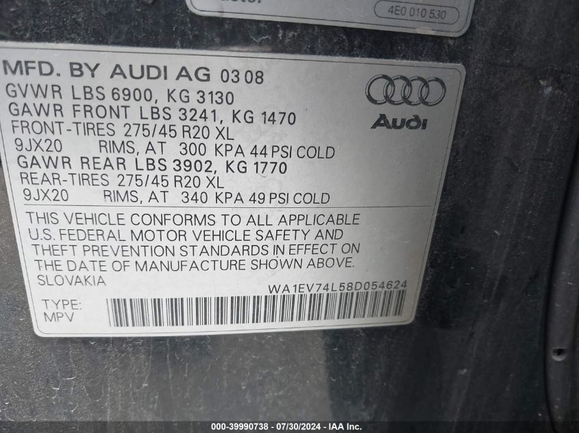 2008 Audi Q7 4.2 Premium VIN: WA1EV74L58D054624 Lot: 39990738