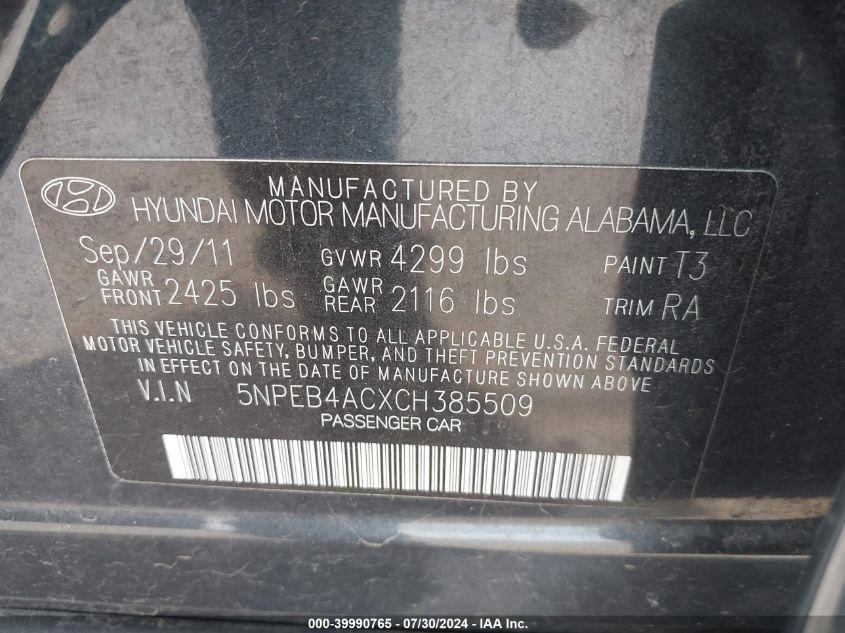 5NPEB4ACXCH385509 2012 Hyundai Sonata Gls