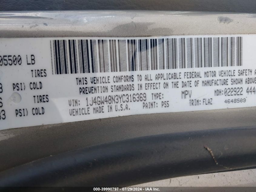 2000 Jeep Grand Cherokee Laredo VIN: 1J4GW48N3YC316369 Lot: 39990797