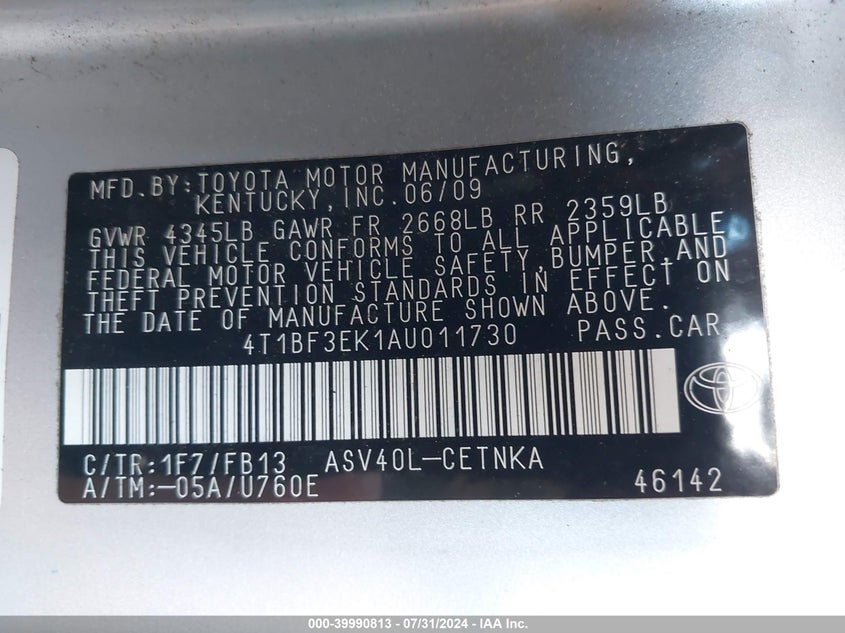 2010 Toyota Camry Le VIN: 4T1BF3EK1AU011730 Lot: 39990813