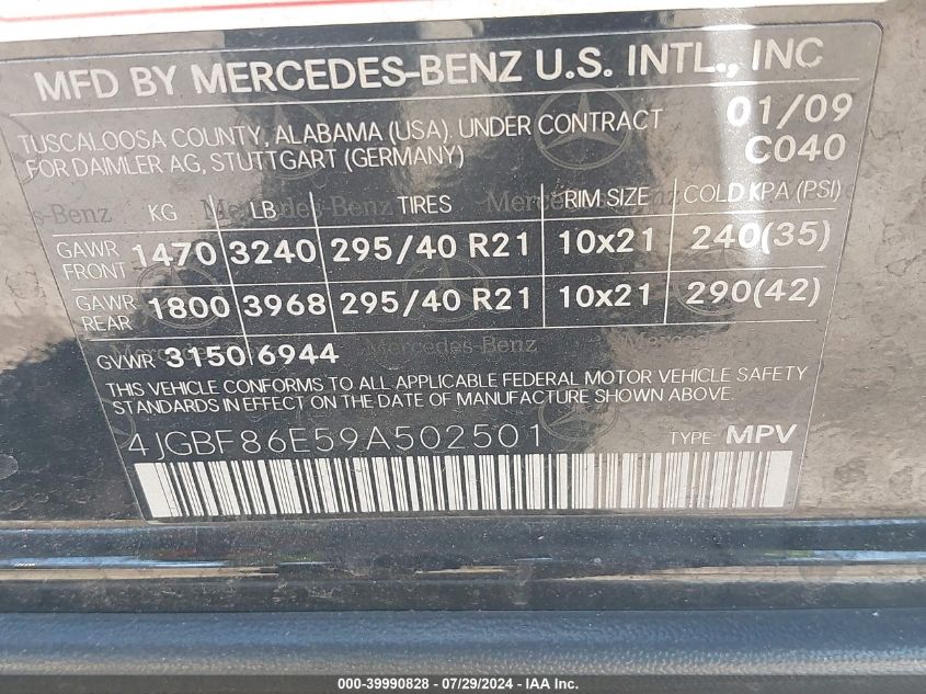 2009 Mercedes-Benz Gl 550 4Matic VIN: 4JGBF86E59A502501 Lot: 39990828