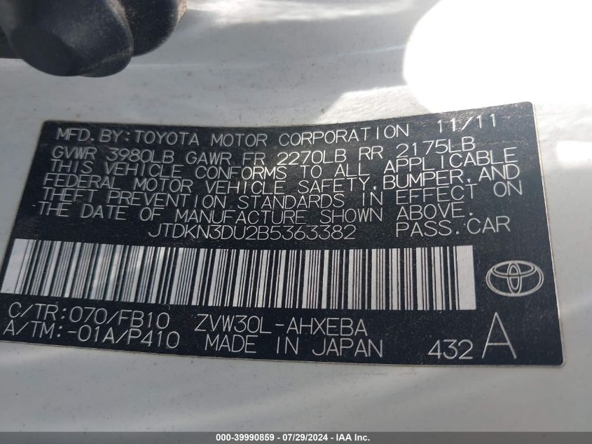 2011 Toyota Prius Two VIN: JTDKN3DU2B5363382 Lot: 39990859