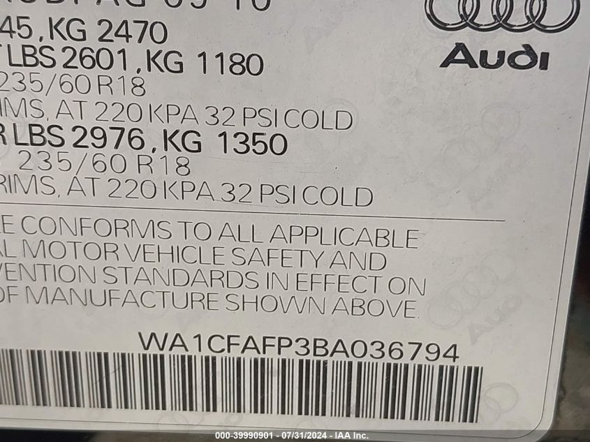 2011 Audi Q5 2.0T Premium VIN: WA1CFAFP3BA036794 Lot: 39990901