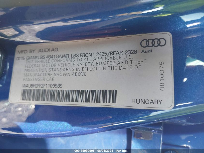 2015 Audi S3 2.0T Premium Plus VIN: WAUBFGFF2F1109989 Lot: 39990905