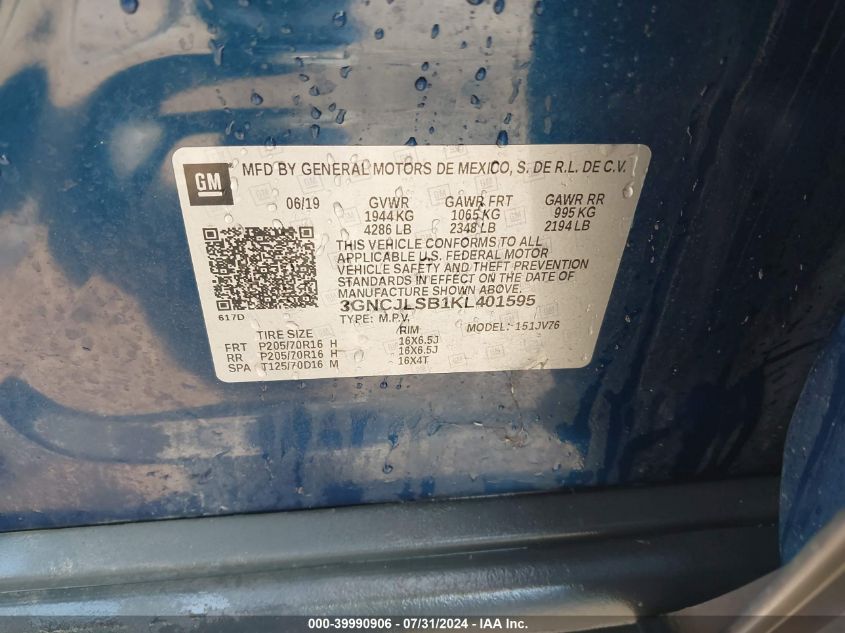 2019 Chevrolet Trax Lt VIN: 3GNCJLSB1KL401595 Lot: 39990906